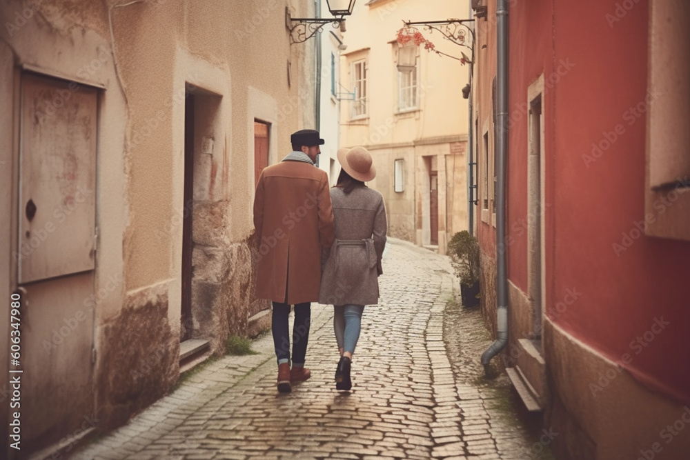 rear view Couple in love walking down a cute historical street