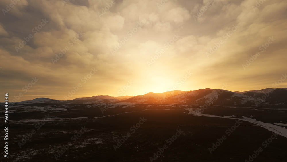 Snowy mountains glowing by evening sun covered with snow clouds.