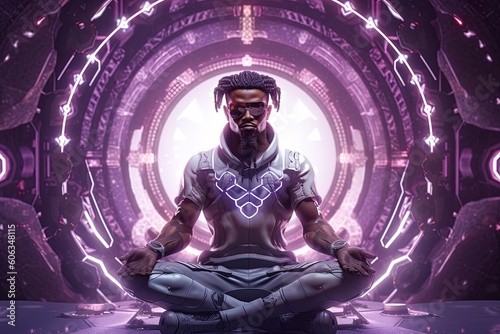 Afro-american young man meditates in space, vortex and chakra opening. Futuristic, sci-fi, fantasay. Generative AI. © Caphira Lescante
