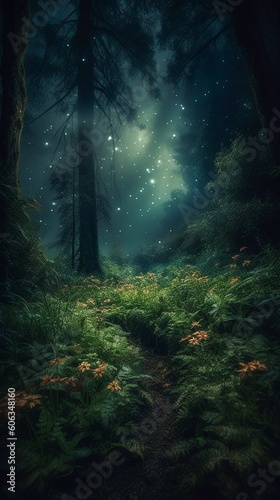 Night forest with stars and ferns, Generative AI. © Aga Bak