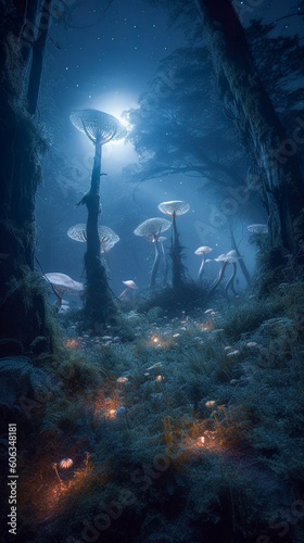 Mushroom in the dark forest. Generative AI.