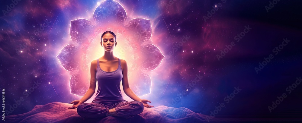 Woman in yoga pose with heart chakra opening, space and cosmos joining to meditation. Spirituality. Generative AI.