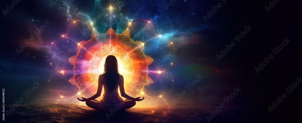 Φωτογραφία Woman in yoga pose with heart chakra opening, space and cosmos joining to meditation