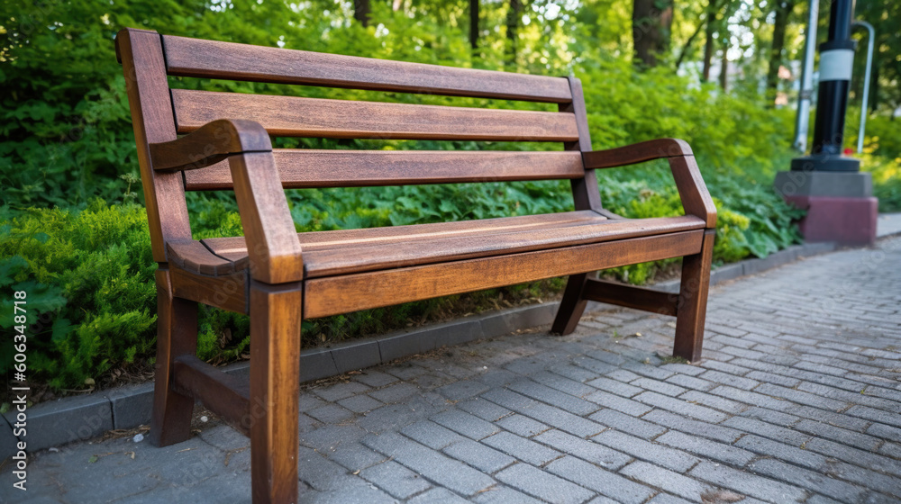 Wooden bench in the city park. Generative Ai