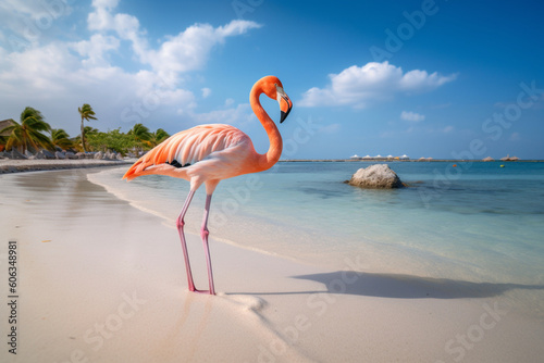Pink flamingo at beach in Aruba