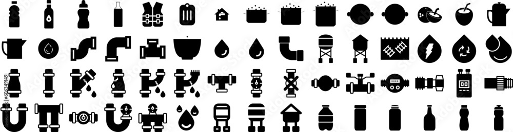 Set Of Water Icons Isolated Silhouette Solid Icon With Liquid, Water, Background, Transparent, Nature, Blue, Clean Infographic Simple Vector Illustration Logo