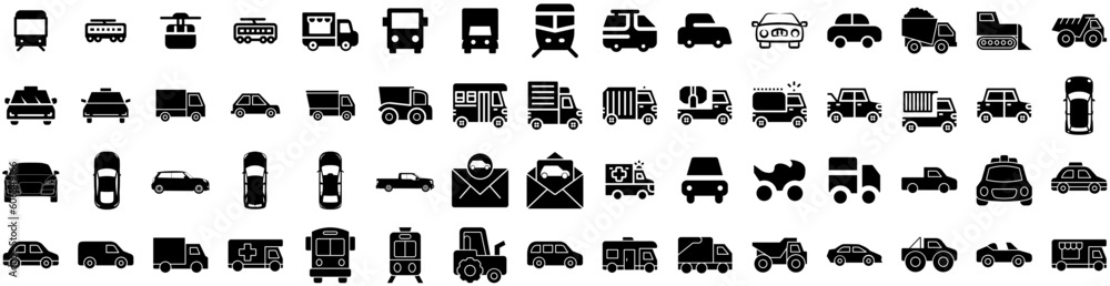 Set Of Vehicle Icons Isolated Silhouette Solid Icon With Car, Auto, Technology, Vehicle, Power, Battery, Transport Infographic Simple Vector Illustration Logo