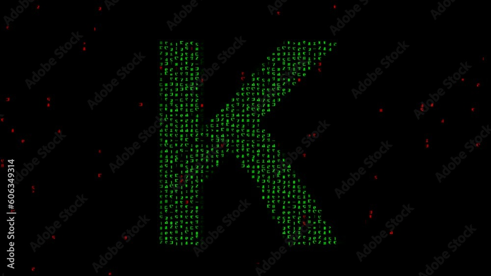 English alphabet K with matrix code on plain black background English alphabet K with matrix code on plain black background
