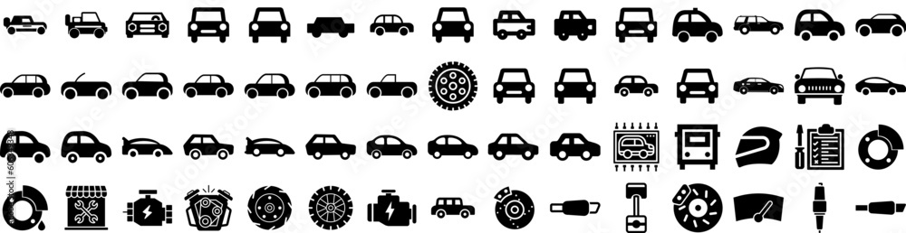 Set Of Automotive Icons Isolated Silhouette Solid Icon With Industry, Technology, Car, Automotive, Vehicle, Transportation, Automobile Infographic Simple Vector Illustration Logo