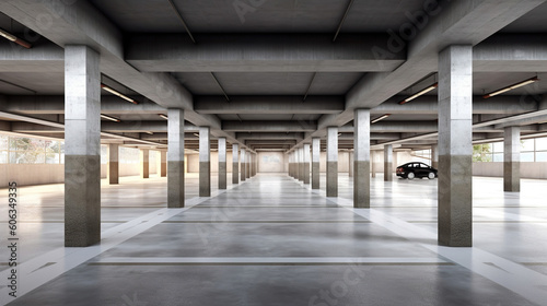 Empty shopping mall underground parking lot or garage interior with concrete stripe painted columns created by generative AI