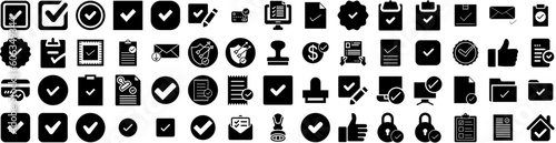Set Of Approved Icons Isolated Silhouette Solid Icon With Seal, Stamp, Business, Approval, Approve, Symbol, Sign Infographic Simple Vector Illustration Logo