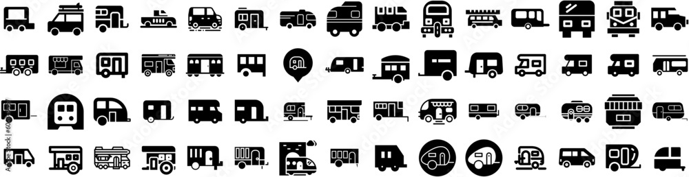 Set Of Caravan Icons Isolated Silhouette Solid Icon With Caravan, Camper, Recreational, Family, Trip, Travel, Vacation Infographic Simple Vector Illustration Logo Set Of Caravan Icons Isolated Silhouette Solid Icon With Caravan, Camper, Recreational, Family, Trip, Travel, Vacation Infographic Simple Vector Illustration Logo