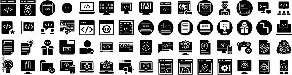 Set Of Coding Icons Isolated Silhouette Solid Icon With Digital, Mobile, Code, Scan, Technology, Vector, Information Infographic Simple Vector Illustration Logo Set Of Coding Icons Isolated Silhouette Solid Icon With Digital, Mobile, Code, Scan, Technology, Vector, Information Infographic Simple Vector Illustration Logo
