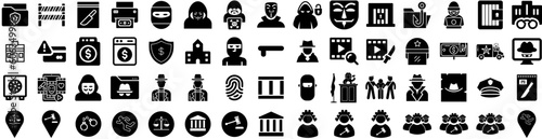 Set Of Crime Icons Isolated Silhouette Solid Icon With Crime, Security, Detective, Evidence, Police, Investigation, Criminal Infographic Simple Vector Illustration Logo