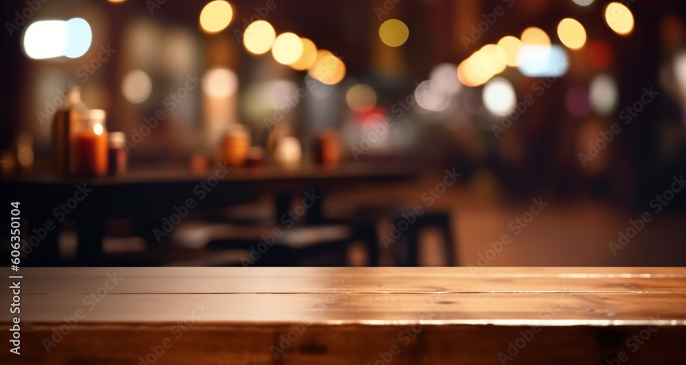 Wooden top table with defocused light background