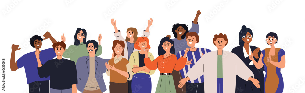 Crowd of happy people group, welcoming and applauding. Active fans audience with hands up standing together. Young men and women yelling at event.  Concept of victory and success. Cheering and Ovation