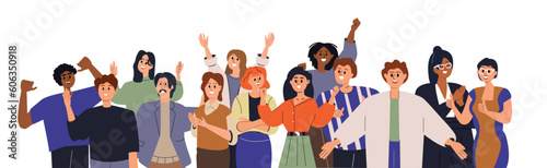 Crowd of happy people group, welcoming and applauding. Active fans audience with hands up standing together. Young men and women yelling at event.  Concept of victory and success. Cheering and Ovation