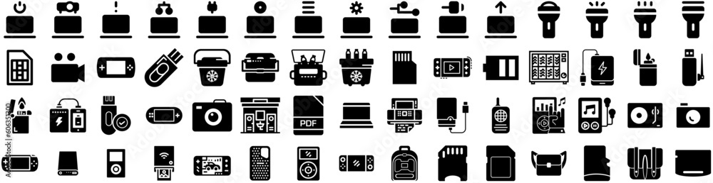 Set Of Portable Icons Isolated Silhouette Solid Icon With Background, Portable, Mobile, Technology, Electricity, Electric, Modern Infographic Simple Vector Illustration Logo
