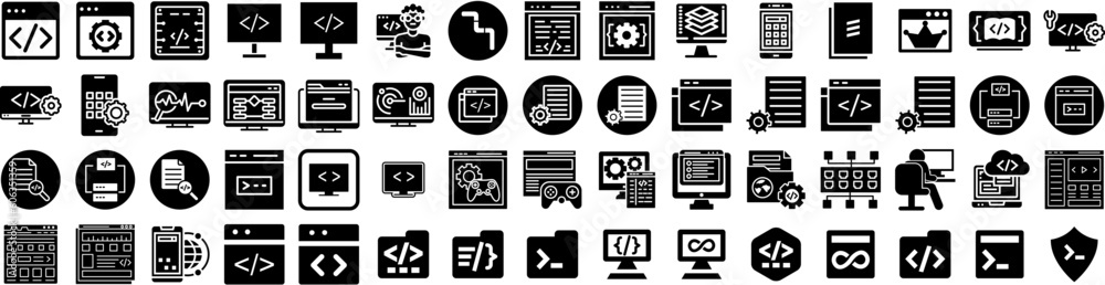 Set Of Programming Icons Isolated Silhouette Solid Icon With Software, Web, Coding, Computer, Program, Code, Technology Infographic Simple Vector Illustration Logo Set Of Programming Icons Isolated Silhouette Solid Icon With Software, Web, Coding, Computer, Program, Code, Technology Infographic Simple Vector Illustration Logo