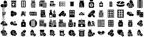 Set Of Pills Icons Isolated Silhouette Solid Icon With Antibiotic, Health, Medical, Medicine, Tablet, Pharmacy, Pill Infographic Simple Vector Illustration Logo