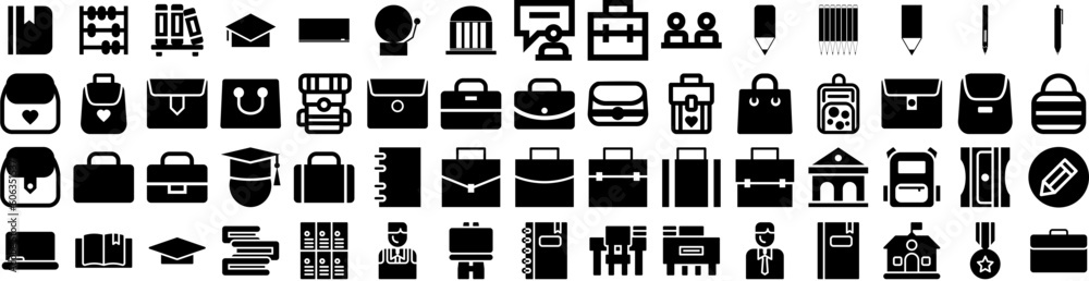 Set Of School Icons Isolated Silhouette Solid Icon With School, Education, Book, Concept, Student, Back, Study Infographic Simple Vector Illustration Logo