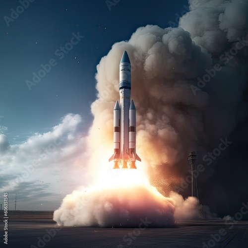 Rocket takes off into outer space. Spaceships lift off with blasts and smoke on the background of the blue planet earth and sunset. Start mission concept. Generative Ai