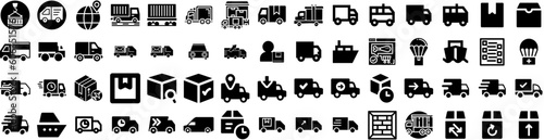 Set Of Shipment Icons Isolated Silhouette Solid Icon With Transportation, Delivery, Shipment, Box, Cargo, Shipping, Package Infographic Simple Vector Illustration Logo