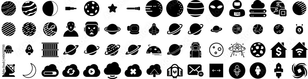 Set Of Space Icons Isolated Silhouette Solid Icon With Universe, Cosmos, Science, Space, Galaxy, Astronomy, Background Infographic Simple Vector Illustration Logo