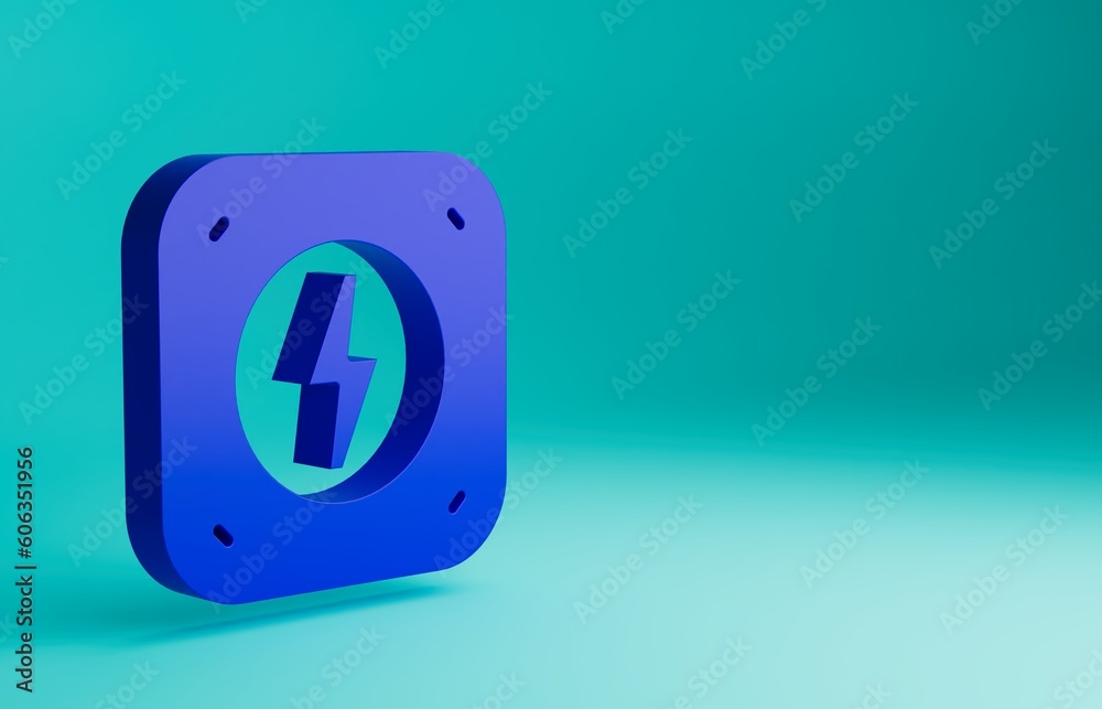 Blue Lightning bolt icon isolated on blue background. Flash sign. Charge flash icon. Thunder bolt. Lighting strike. Minimalism concept. 3D render illustration Blue Lightning bolt icon isolated on blue background. Flash sign. Charge flash icon. Thunder bolt. Lighting strike. Minimalism concept. 3D render illustration