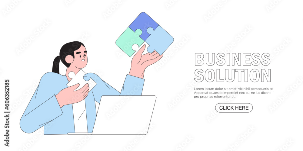Business management, online communication, e-commerce, project management, finance and marketing. Work organisation management banner, web landing page. Business solution. Man assamble data puzzle. Business management, online communication, e-commerce, project management, finance and marketing. Work organisation management banner, web landing page. Business solution. Man assamble data puzzle.