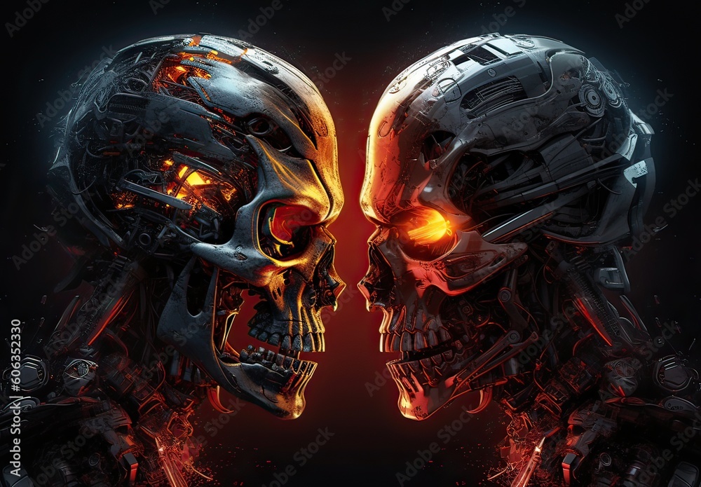 Two skulls terminator look at each other black background. Generative Ai.