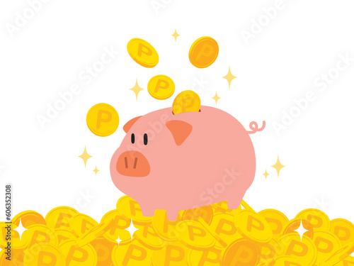 山積みのポイントコインとブタの貯金箱