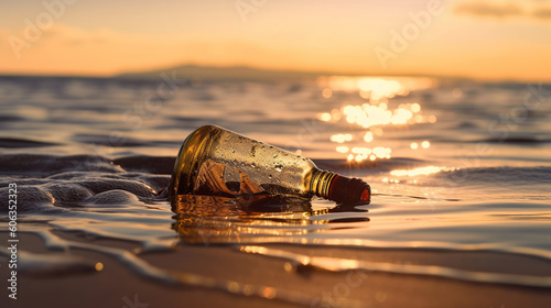 Bottle with a message in the sea at sunset. Generative Ai