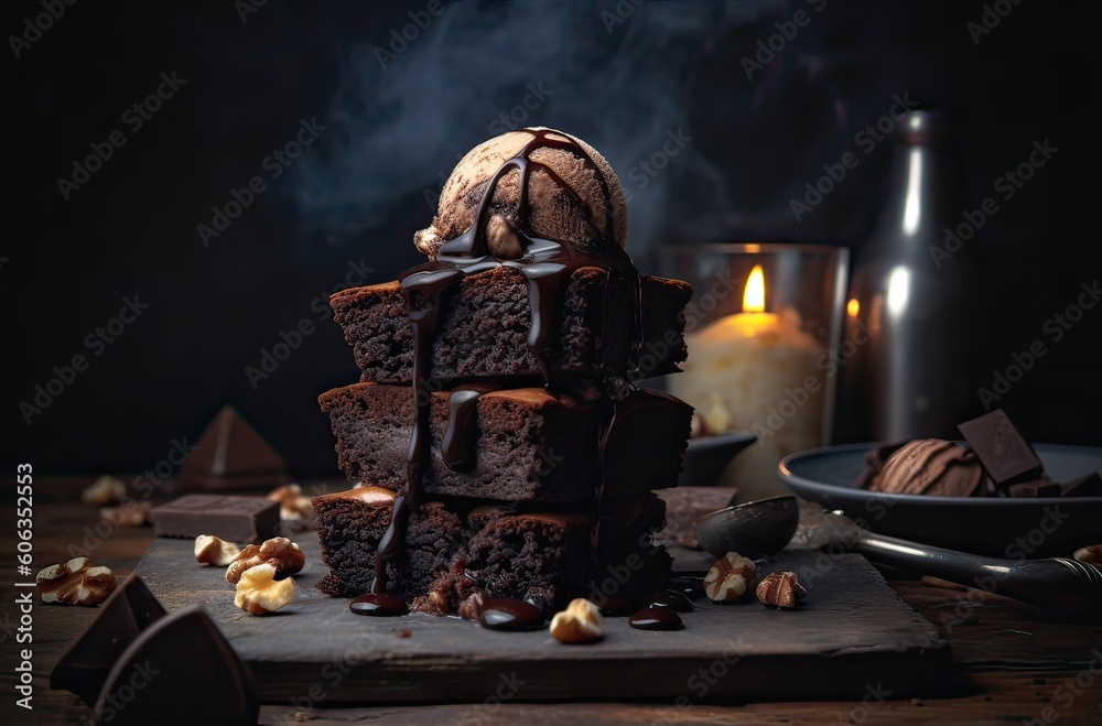 dark brownies with vanilla ice cream on white plate. Chocolate brownies stacks and vanilla ice cream on top, wooden background. Generative Ai.