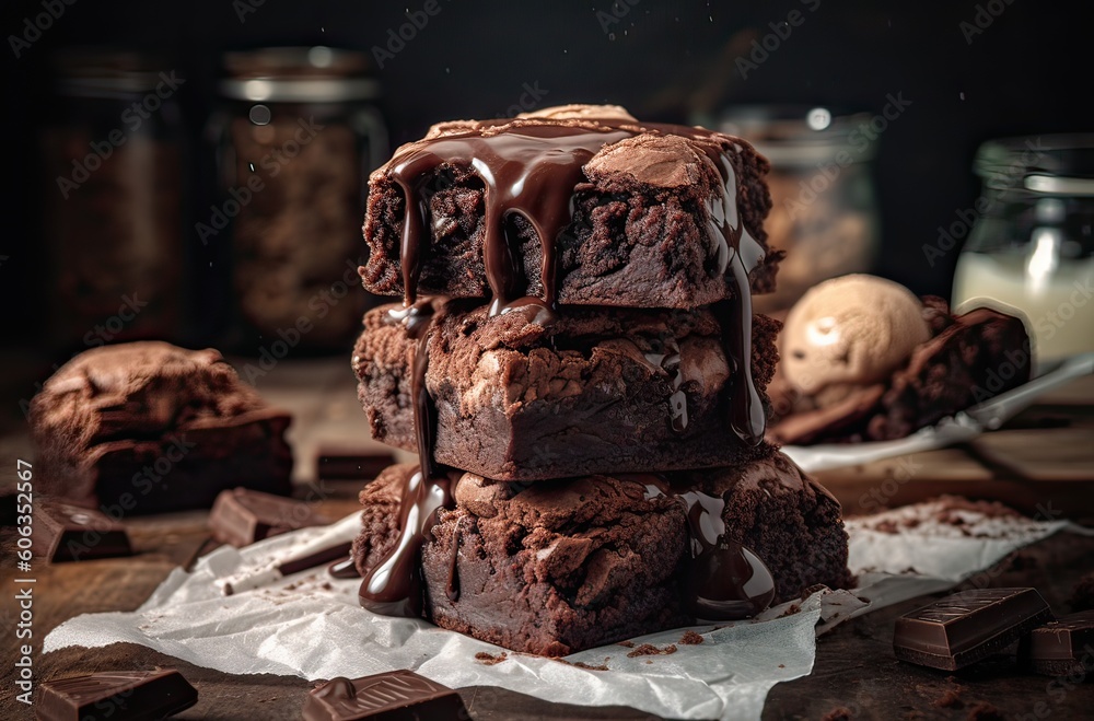 dark brownies with vanilla ice cream on white plate. Chocolate brownies ...