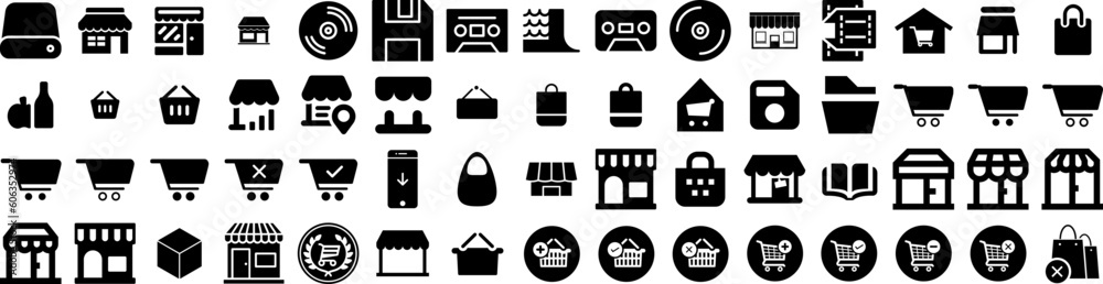 Set Of Store Icons Isolated Silhouette Solid Icon With Business, Market, Retail, Store, Supermarket, Sale, Shop Infographic Simple Vector Illustration Logo Set Of Store Icons Isolated Silhouette Solid Icon With Business, Market, Retail, Store, Supermarket, Sale, Shop Infographic Simple Vector Illustration Logo