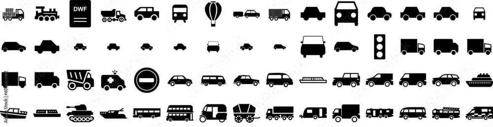 Set Of Transport Icons Isolated Silhouette Solid Icon With Plane, Truck, Transport, Cargo, Ship, Traffic, Transportation Infographic Simple Vector Illustration Logo
