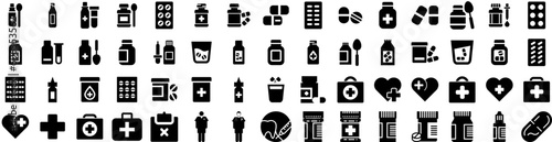 Set Of Medicine Icons Isolated Silhouette Solid Icon With Pharmacy, Treatment, Medical, Prescription, Drug, Health, Medicine Infographic Simple Vector Illustration Logo