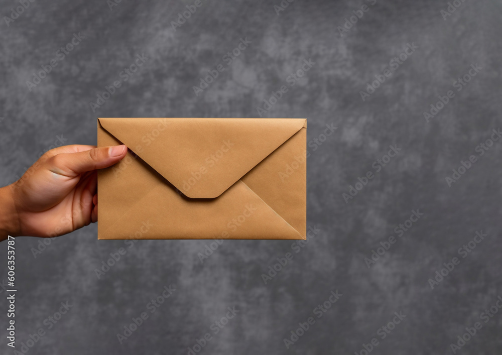 Human hand holding blank brown envelope, mail and delivery concept, banner with copy space. Generative AI