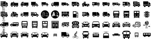 Set Of Transportation Icons Isolated Silhouette Solid Icon With Plane, Traffic, Truck, Ship, Cargo, Transport, Transportation Infographic Simple Vector Illustration Logo