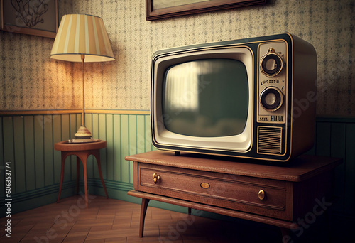 Retro television from the 60s, old fashioned vintage living room illustration, generative AI unreal tv models