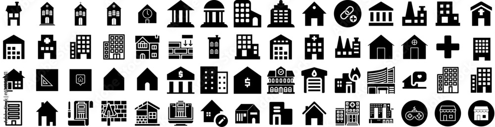 Set Of Building Icons Isolated Silhouette Solid Icon With City, Urban, Building, Office, Architecture, Construction, Business Infographic Simple Vector Illustration Logo