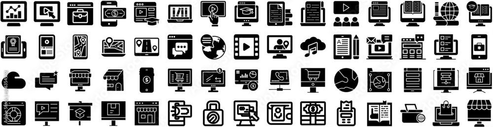 Set Of Online Icons Isolated Silhouette Solid Icon With Internet, Technology, Business, Online, Concept, Digital, Store Infographic Simple Vector Illustration Logo Set Of Online Icons Isolated Silhouette Solid Icon With Internet, Technology, Business, Online, Concept, Digital, Store Infographic Simple Vector Illustration Logo