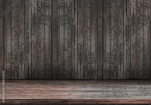 Wooden wall and floor. Rustic old wood board planks for background. Empty room for mock up, product displaing and copy space for text