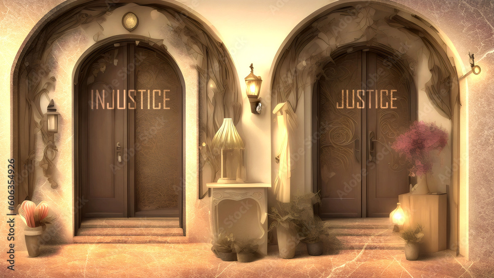 Injustice or Justice - Two Different Course of Actions That Define Future Outcome. Making the Right Choice. A Metaphoric Representation of Life's Choices,3d illustration