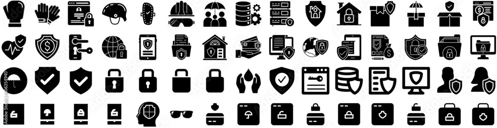Set Of Protection Icons Isolated Silhouette Solid Icon With Protect, Concept, Safety, Secure, Technology, Protection, Shield Infographic Simple Vector Illustration Logo