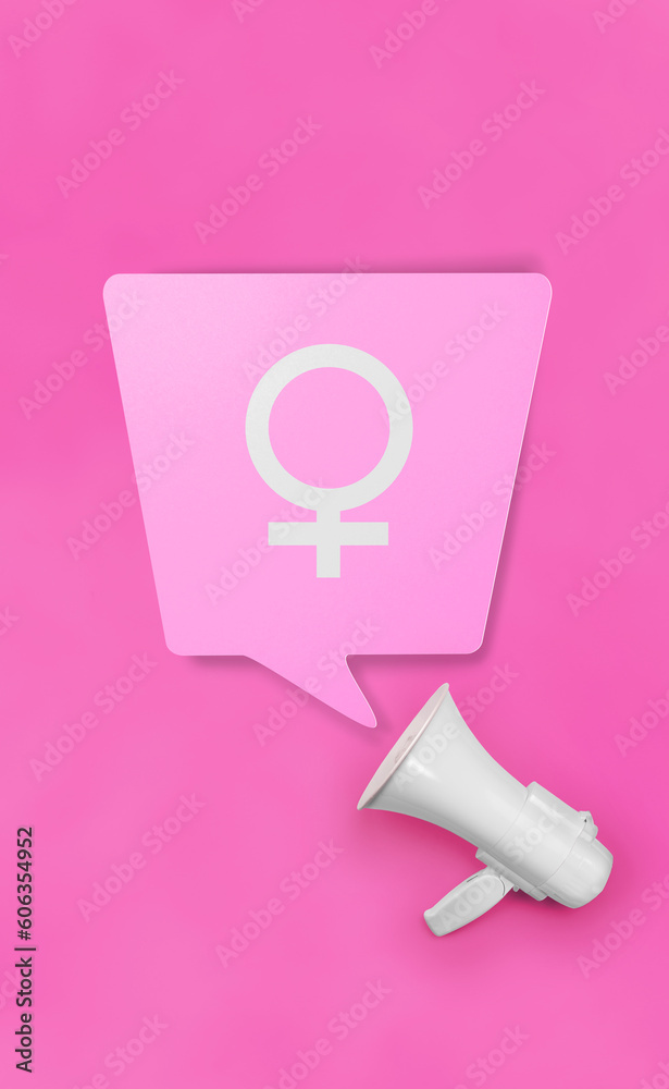 Loudspeaker or speaker, megaphone with pink speech bubble and female gender symbol Loudspeaker or speaker, megaphone with pink speech bubble and female gender symbol