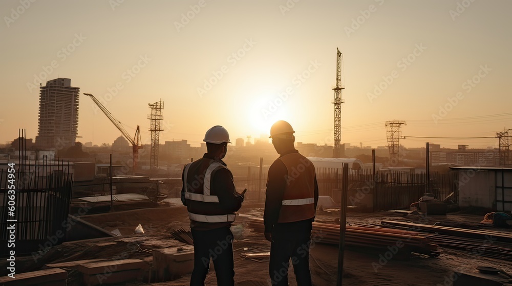 Fototapeta premium Silhouette of Engineer and worker checking project at building site background, construction site at sunset in evening time. Generative Ai.