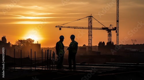 Silhouette of Engineer and worker checking project at building site background, construction site at sunset in evening time. Generative Ai.