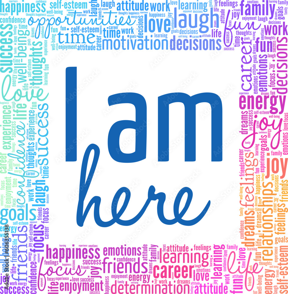 I Am Here word cloud conceptual design isolated on white background. I Am Here word cloud conceptual design isolated on white background.